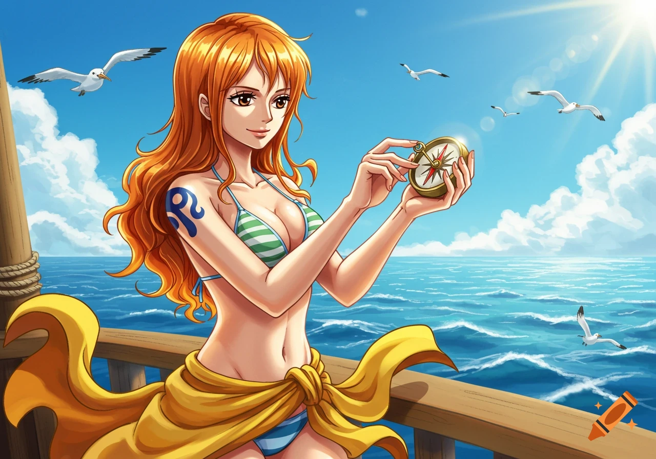 Nami from One Piece, wearing a striped bikini and a yellow sarong, stands on a ship deck holding a compass, with a clear blue sky and ocean in the background.