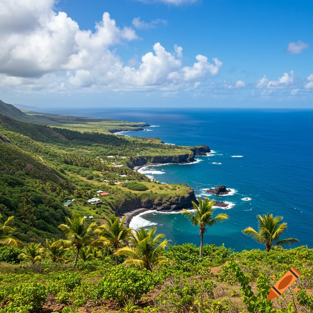 A vibrant aerial view of a lush green tropical coastline with palm trees, steep hills, houses, and deep blue ocean under a partly cloudy sky.