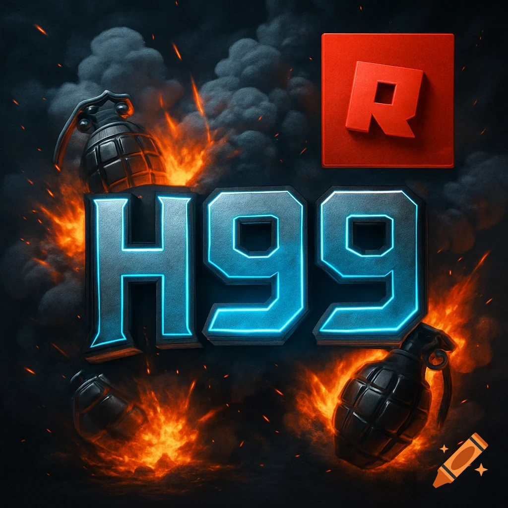 A dark gaming logo with blue neon 'H99' text, surrounded by fire, smoke, and grenades, plus a red Roblox 'R' emblem.