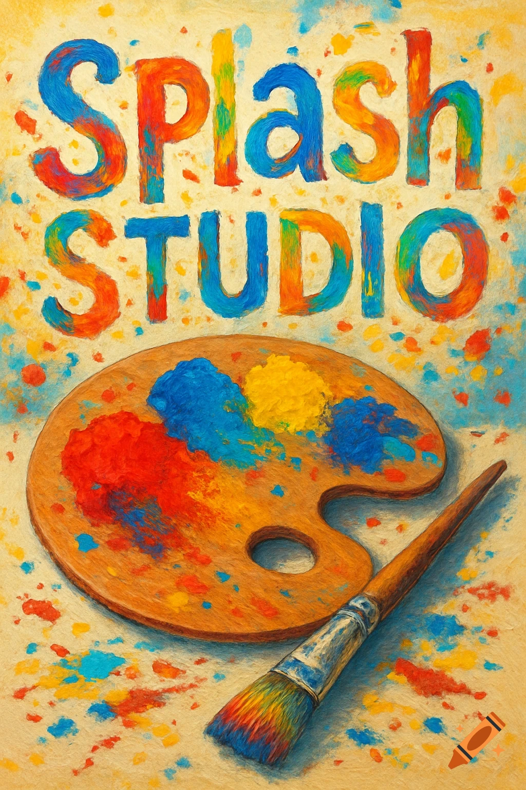 A painterly image of a wooden palette with red, blue, and yellow paint, a brush, and colorful 'Splash Studio' text.