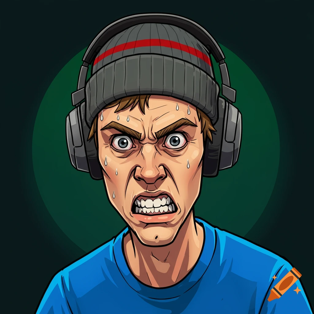 Cartoon illustration of an angry man with furrowed brows, wide eyes, grimacing mouth, wearing a grey beanie and headphones, sweat on his forehead.