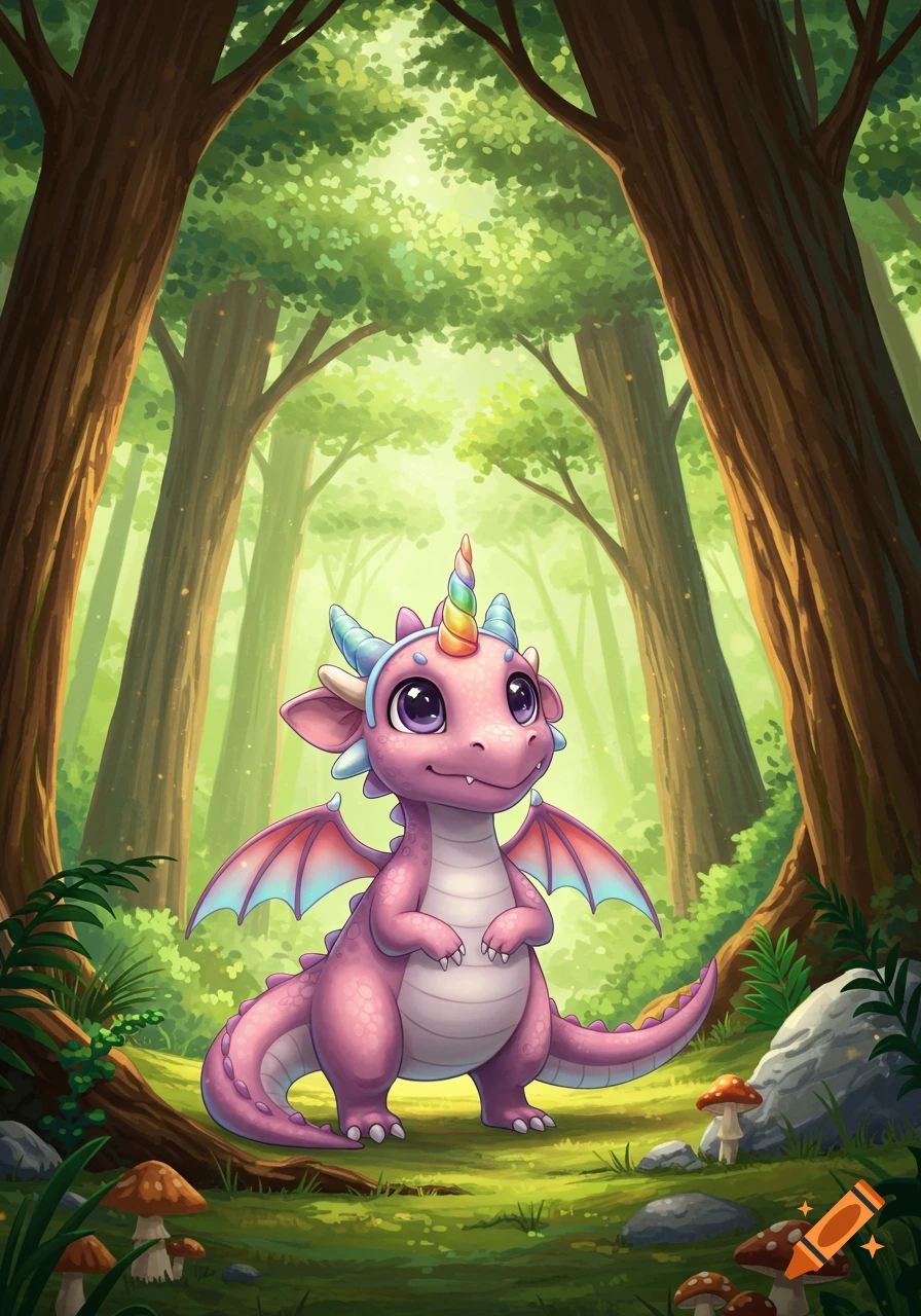 A cute pink dragon with a rainbow unicorn horn and rainbow-tipped wings stands in a magical forest illustration.