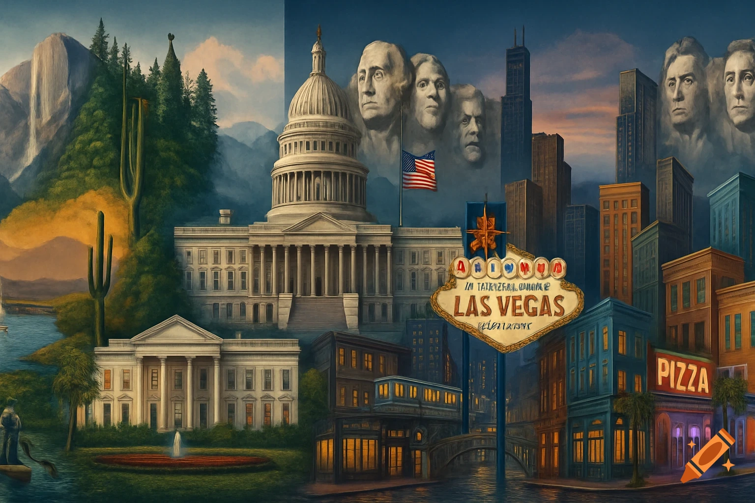 A vibrant collage of American landmarks, cityscapes, and natural landscapes, including the Capitol, White House, Mount Rushmore, Las Vegas sign, skyscrapers, mountains, and deserts.