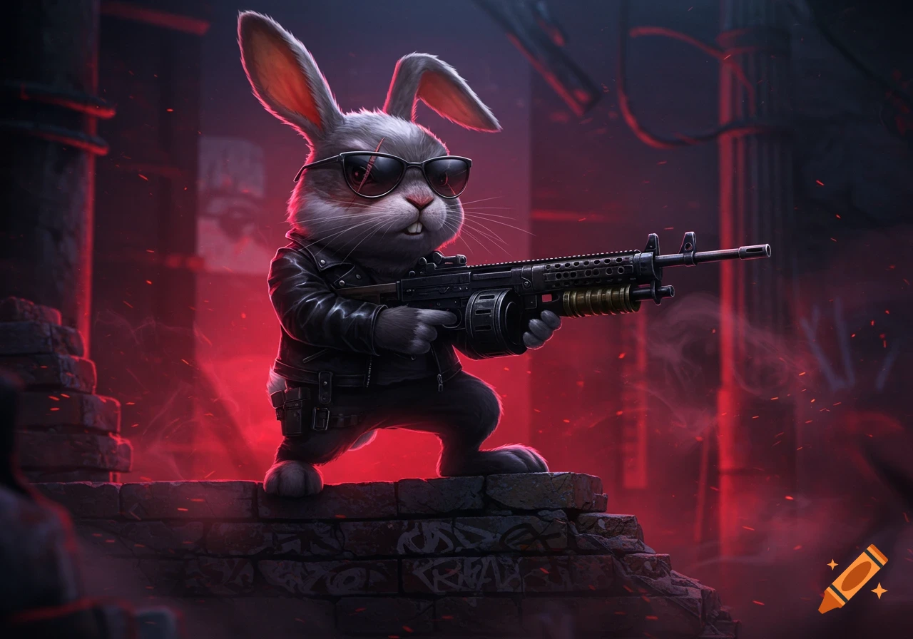 A stylized anthropomorphic gray rabbit in sunglasses and a leather jacket holds a machine gun in a dark, red-lit urban environment.