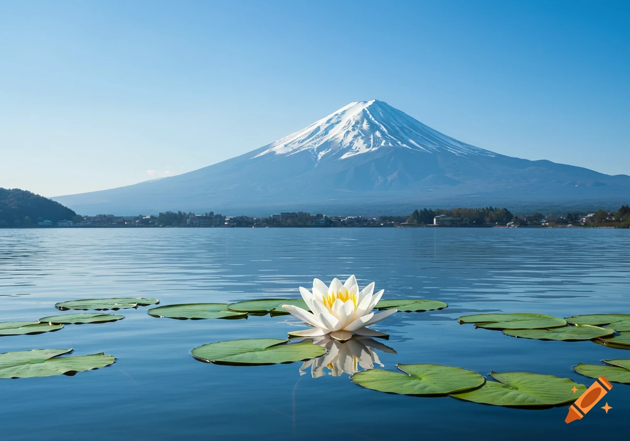 A white lotus flower and green lily pads float on a tranquil lake with snow-capped Mount Fuji in the background, photorealistic.