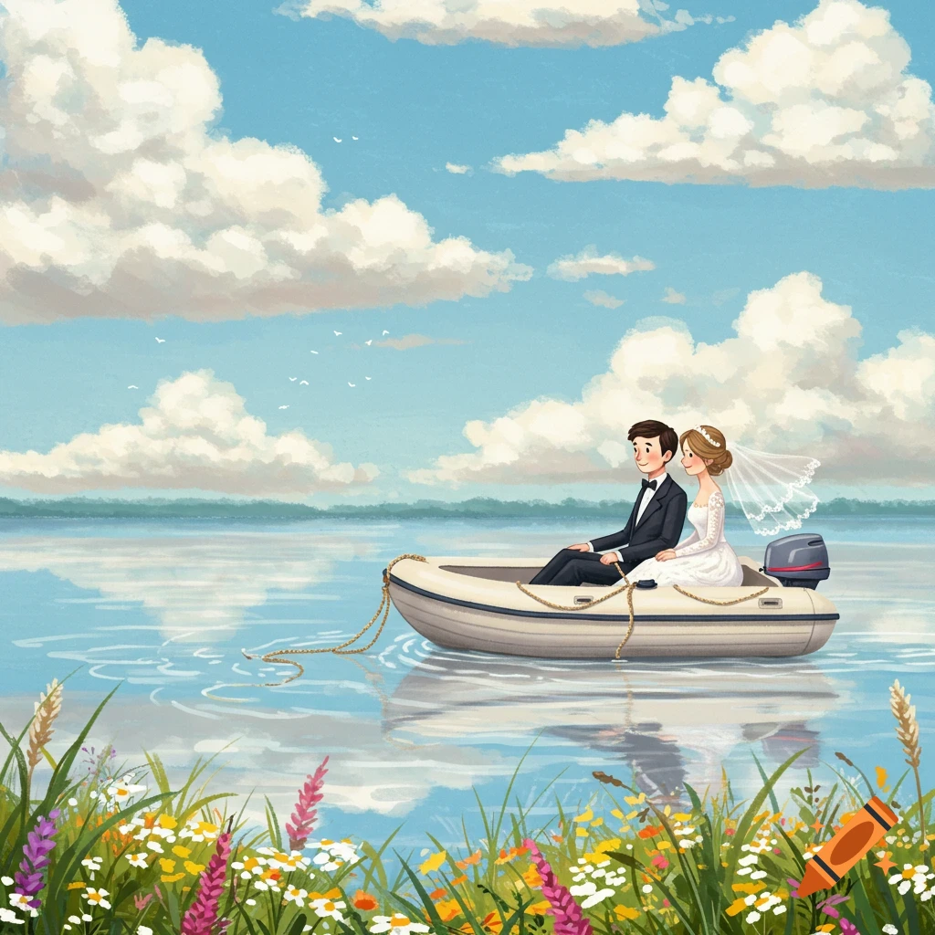 An illustrated wedding couple in a small boat on a calm lake, surrounded by wildflowers under a cloudy blue sky.