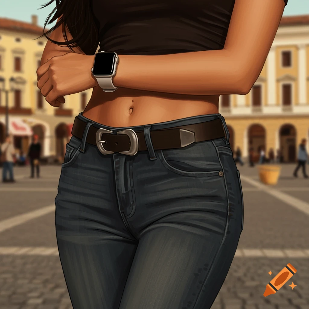 Close-up illustration of a woman wearing a black crop top, blue jeans with a brown belt, and an Apple Watch on her wrist in a blurred city square.