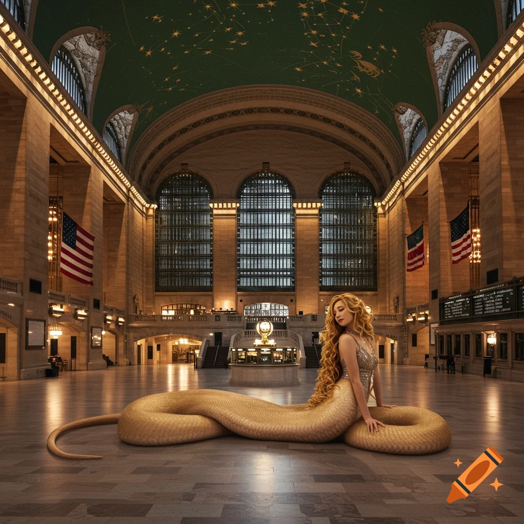 A blonde lamia with a shimmering top rests on the floor of an empty Grand Central Terminal at night.