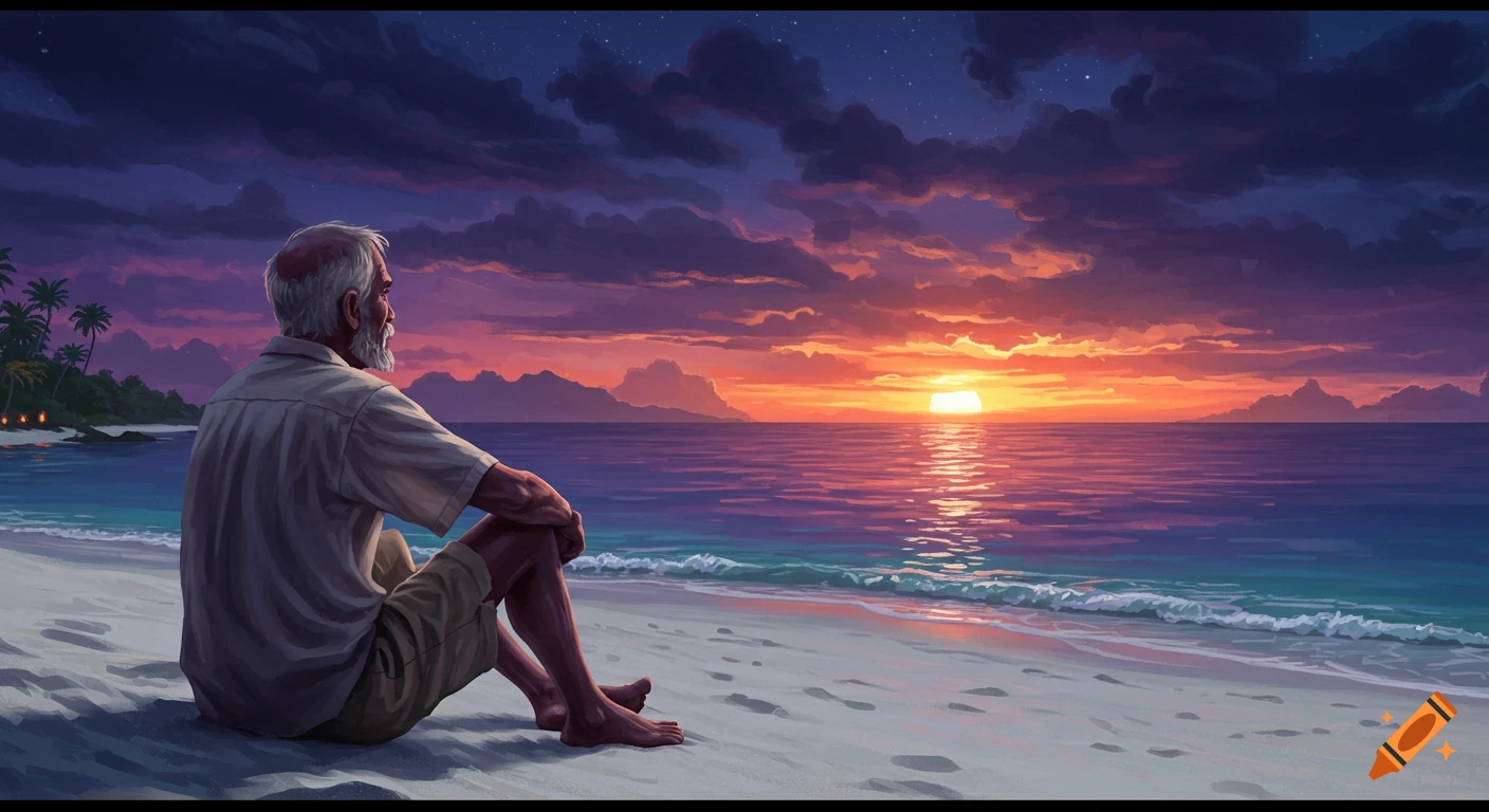 Digital painting of an old man sitting on a beach, watching a vibrant sunset over the ocean and a distant island.