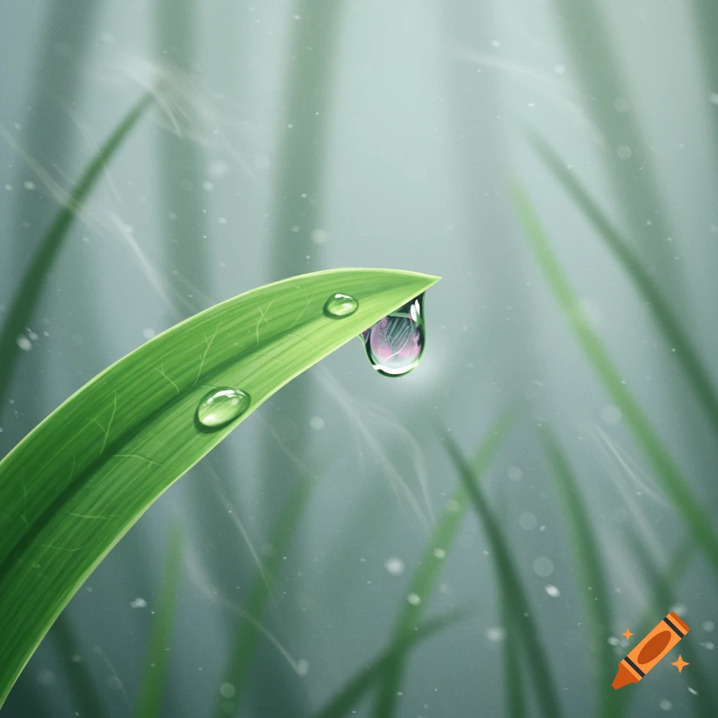 A close-up of a vibrant green leaf with two clear dewdrops, one hanging from the tip, reflecting soft light and colors.