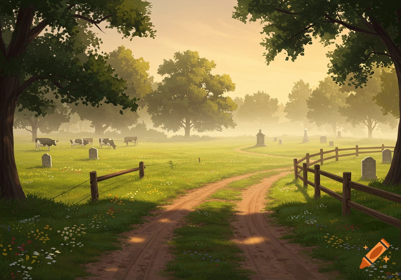 Sunlit digital painting of a dirt path leading through a misty field with gravestones, grazing cows, a wooden fence, and trees.