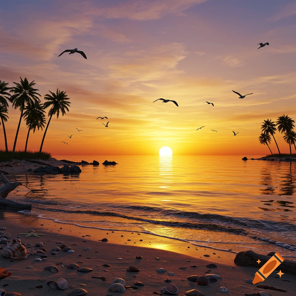 A breathtaking photorealistic sunset over a calm tropical beach with palm trees, flying birds, and scattered seashells.