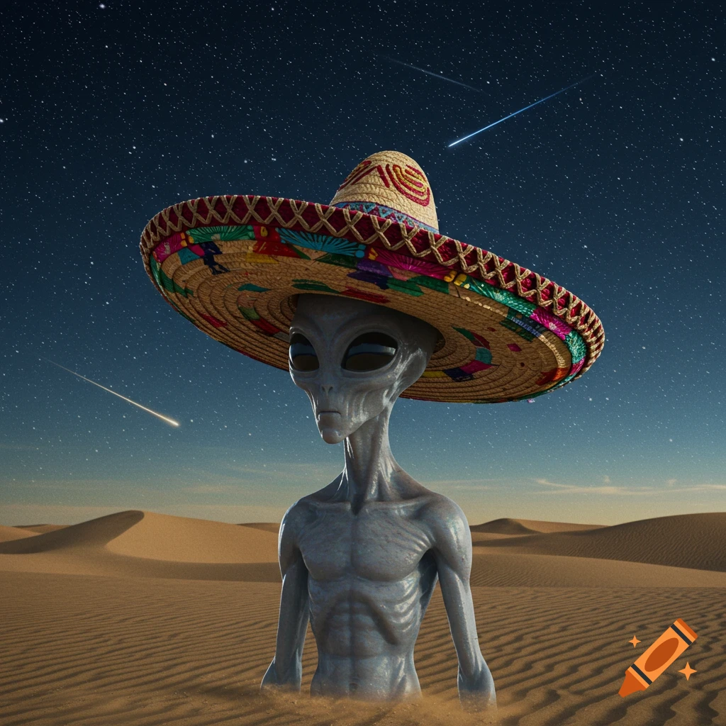 A photorealistic grey alien wearing a colorful Mexican sombrero stands in a desert under a starry night sky with shooting stars.