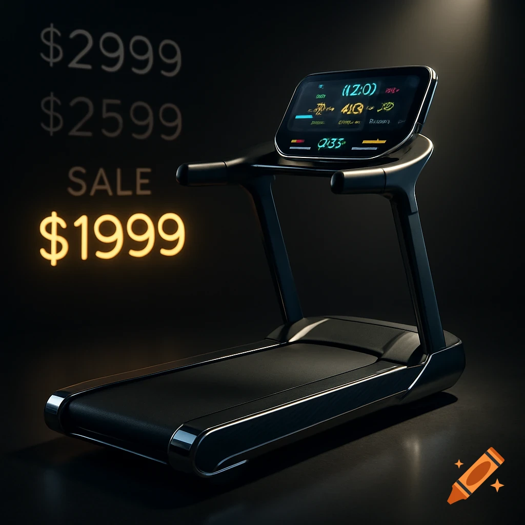 A sleek black modern treadmill on a dark background, with a digital display and sale prices: $2999, $2599, and a glowing $1999.