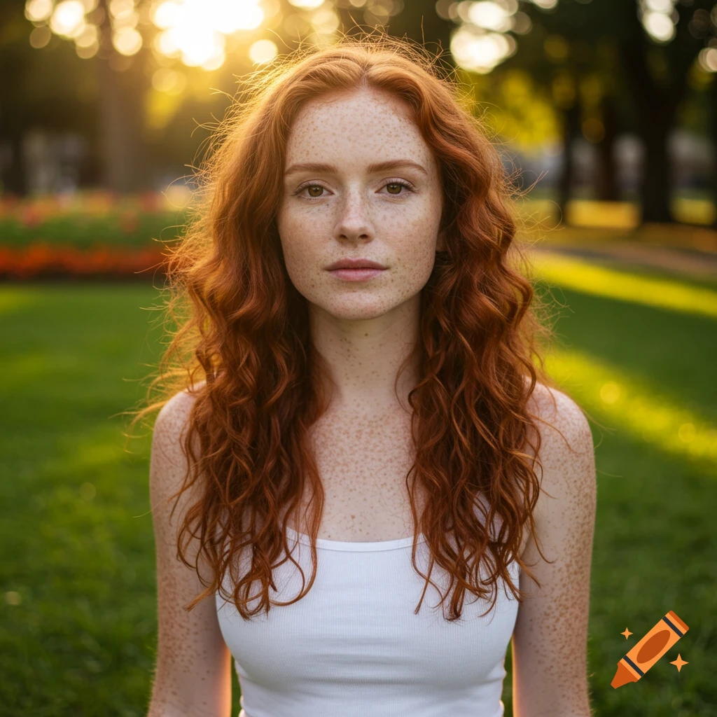 A photorealistic portrait of a red-haired woman with freckles, wearing a white tank top, standing in a sunny park.