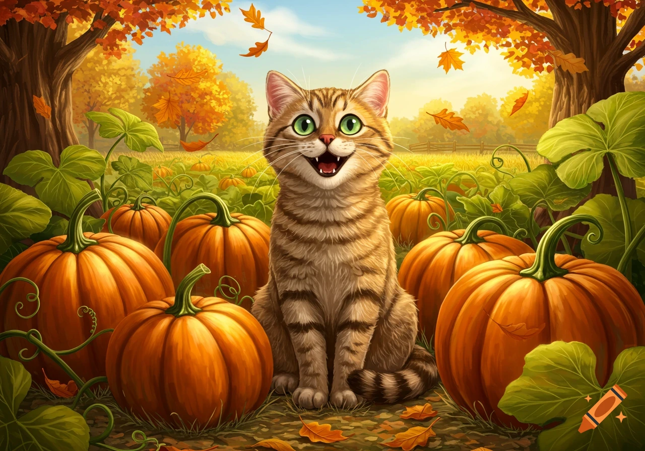 A smiling tabby cat sits surrounded by orange pumpkins in a vibrant autumn pumpkin patch under fall trees.