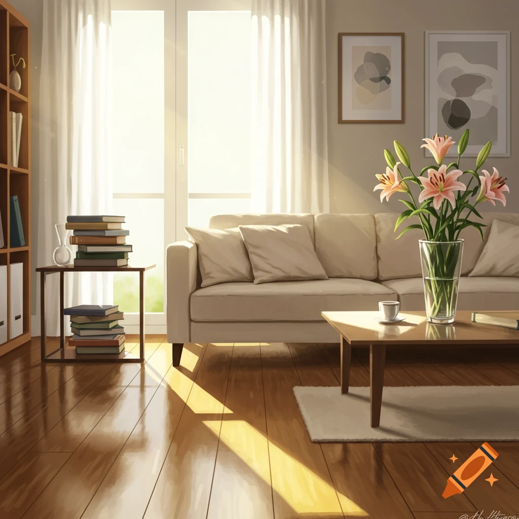 A sunny and cozy living room with a cream couch, coffee table with pink lilies, and a bookshelf, digital painting style.