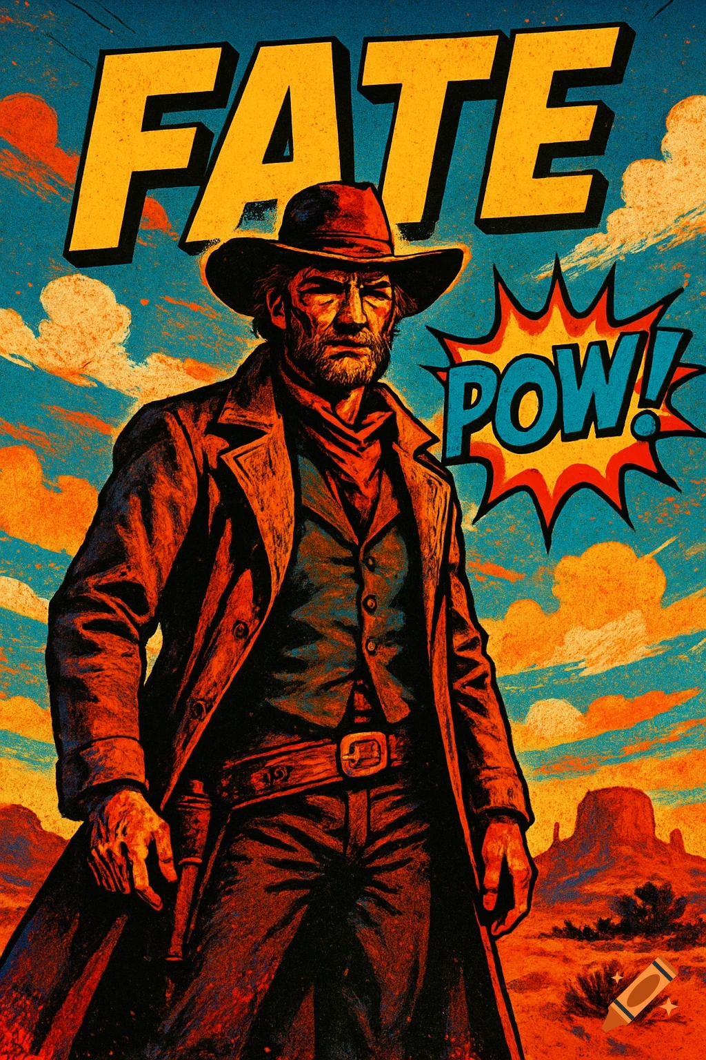 A comic book style illustration of a cowboy with a hat and duster, standing in a desert landscape. The words 'FATE' and 'POW!' are in the background.