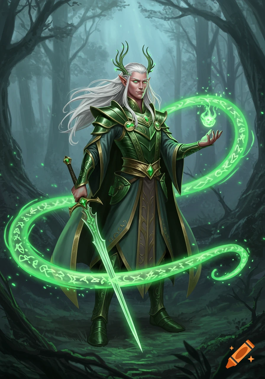 A male elf wizard with white hair, green armor, and glowing antlers stands in a forest, holding a glowing green sword and casting magic.
