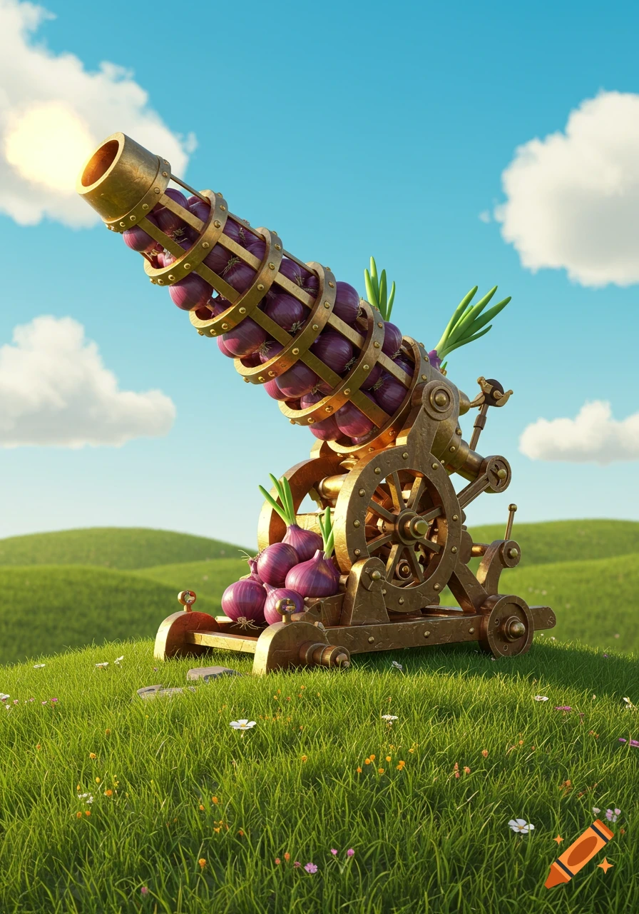 A whimsical brass cannon, loaded and firing purple onions, sits on a vibrant green grassy hill under a bright blue sky with white clouds.
