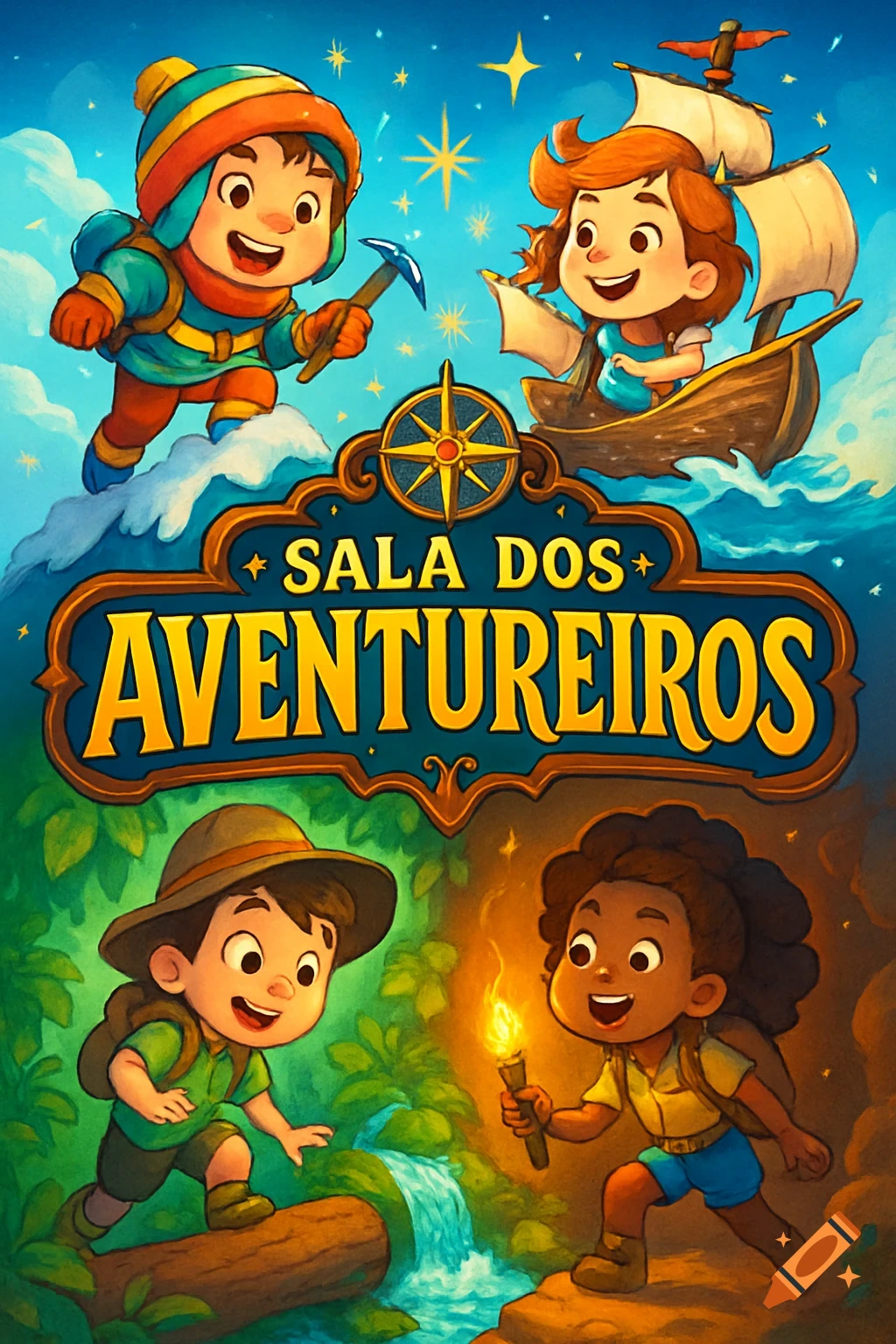 A vibrant cartoon poster features four children on adventures, including a climber, a sailor, a forest explorer, and a torch-bearer, with "SALA DOS AVENTUREIROS" text.