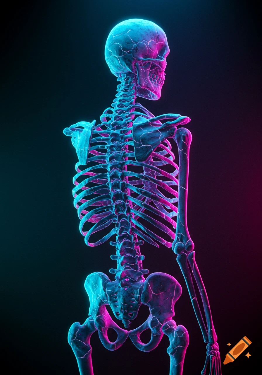 A glowing human skeleton seen from the back, illuminated with vibrant blue and pink neon lights on a dark background.
