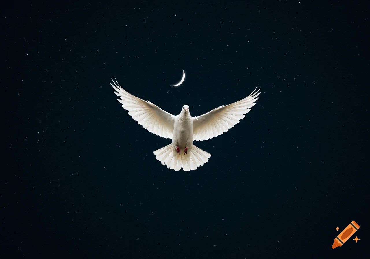 A white dove with outstretched wings flies across a dark, starry night sky with a crescent moon above.