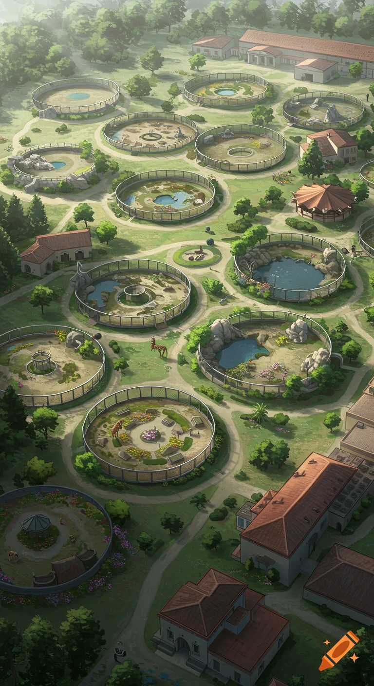 Aerial illustration of a zoo with numerous circular enclosures, buildings, and green pathways winding through the landscape.