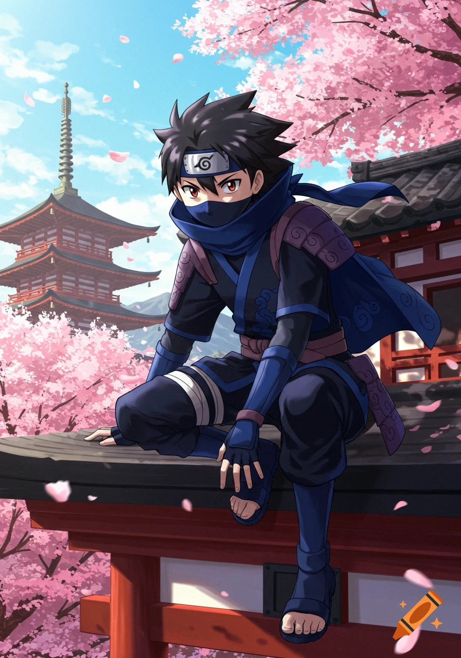 An anime-style ninja in blue and black crouches on a Japanese rooftop with pink cherry blossoms and a pagoda.