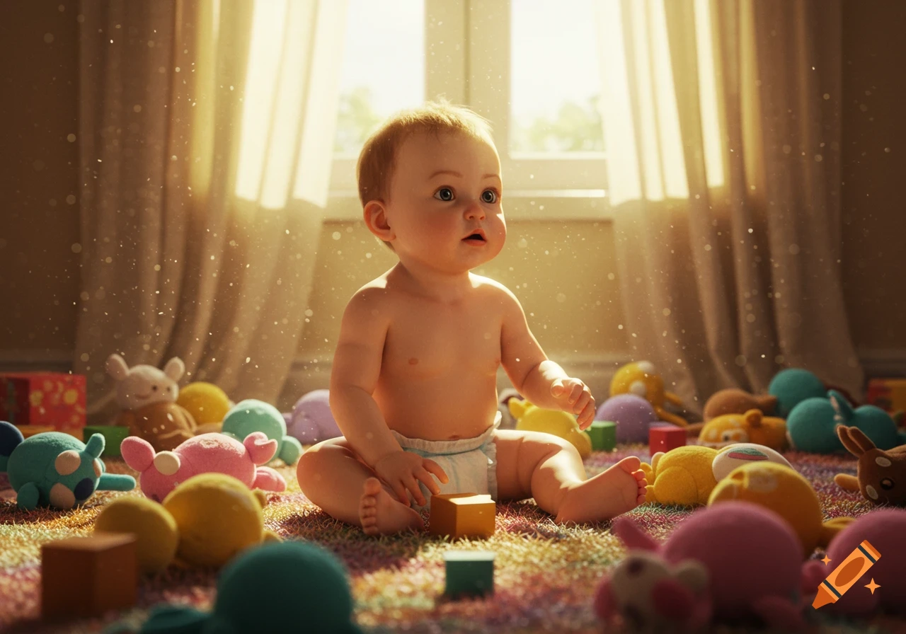 A baby wearing a diaper sits on a colorful rug surrounded by various plush toys and blocks, bathed in warm sunlight from a window.