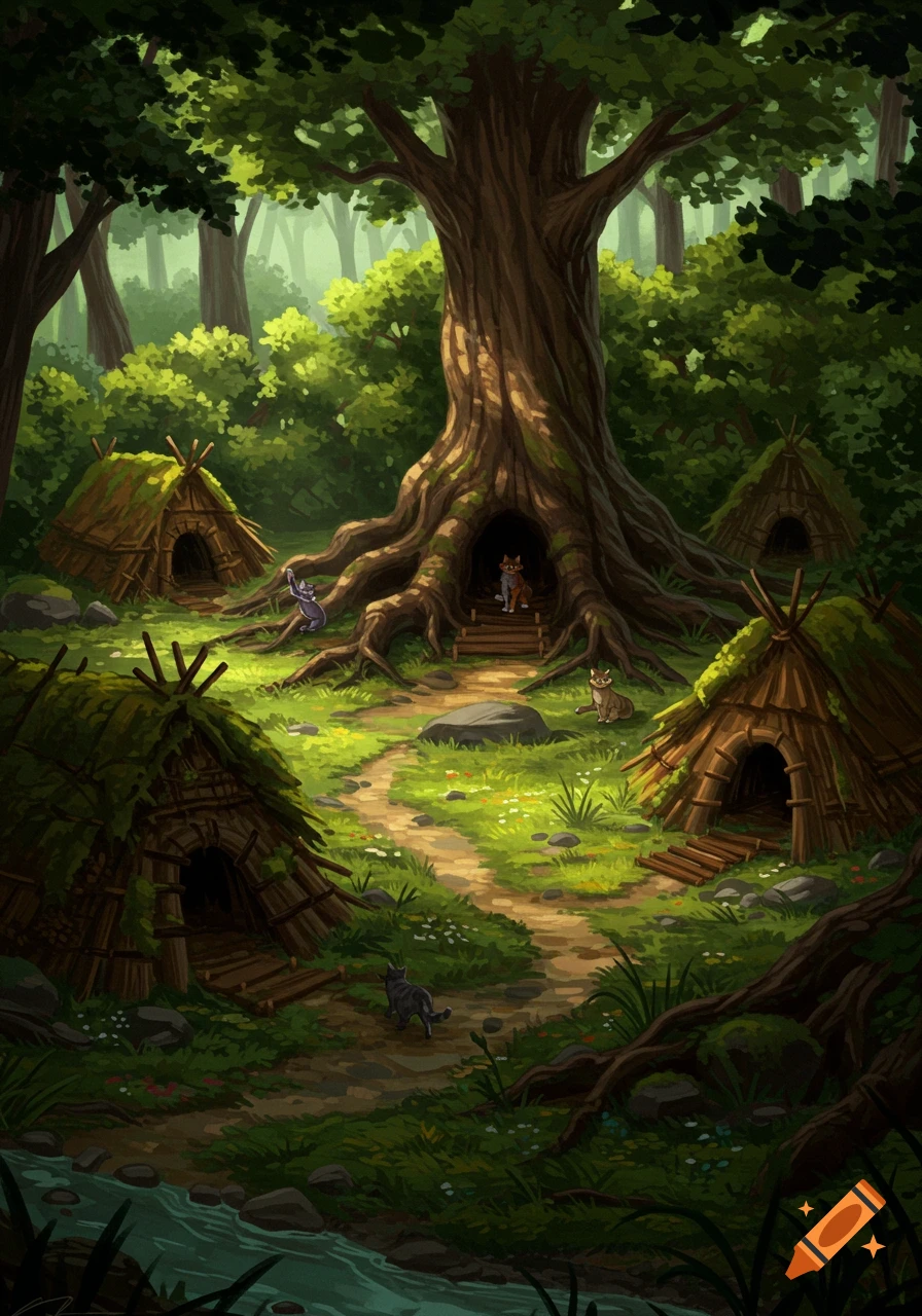 An illustrated fantasy forest scene with a large tree, a dirt path, small primitive huts, and several cats scattered throughout the clearing.