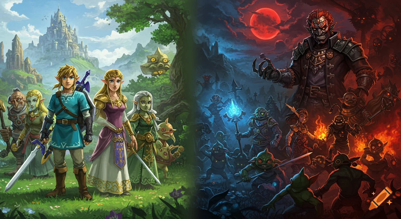 Fantasy art splits Link and allies in a bright landscape with a castle from Ganon and monsters in a dark setting under a red moon.