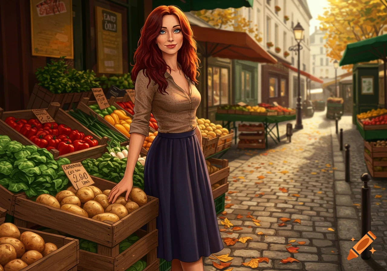 A smiling woman with long red hair and blue eyes stands next to a vegetable stall on a cobblestone street market. The market features various produce like potatoes, peppers, and leafy greens. Buildings and autumn leaves are in the background, rendered in a bright, illustrative style.