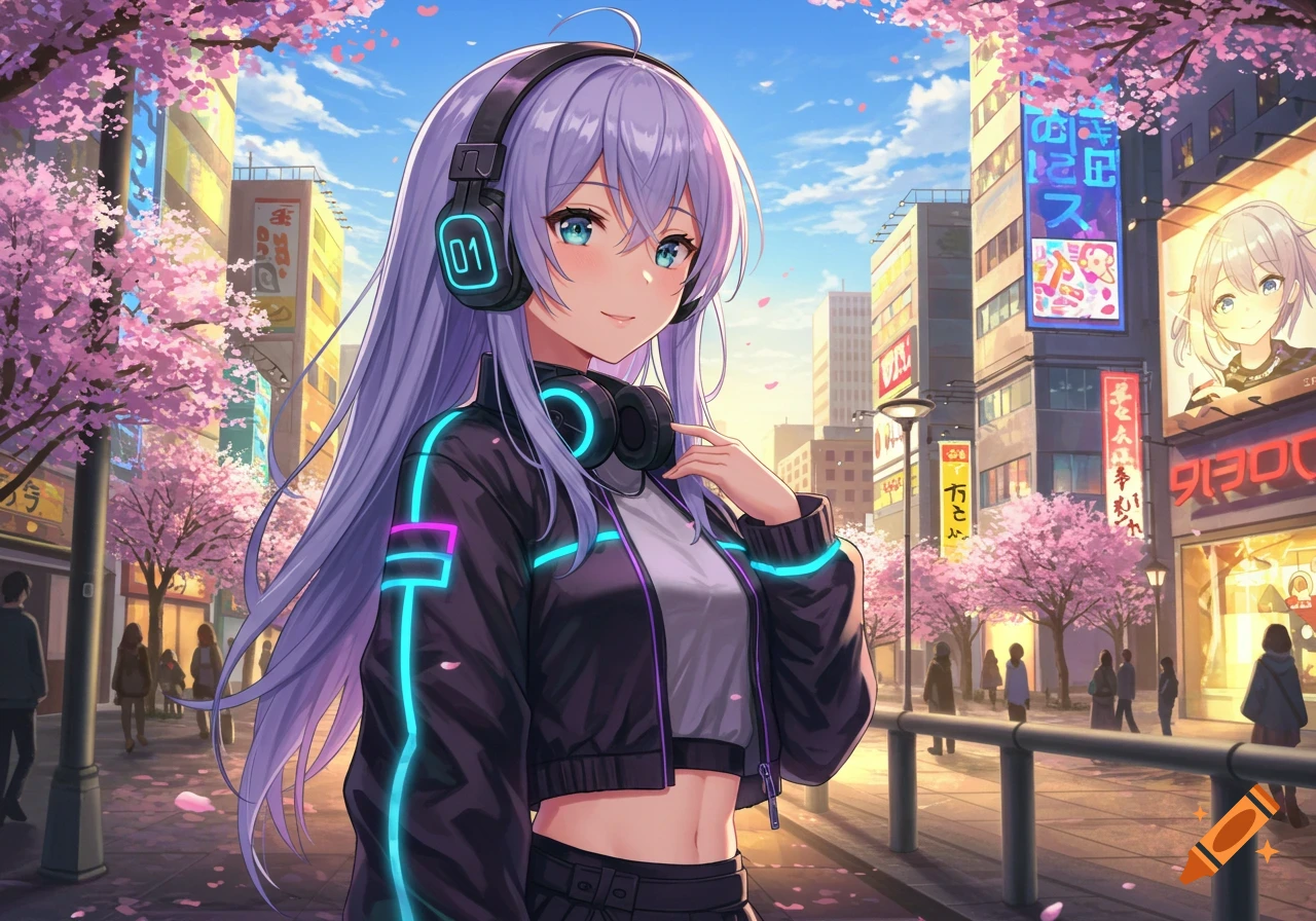 Anime girl with long purple hair and headphones in a vibrant city street lined with cherry blossom trees.