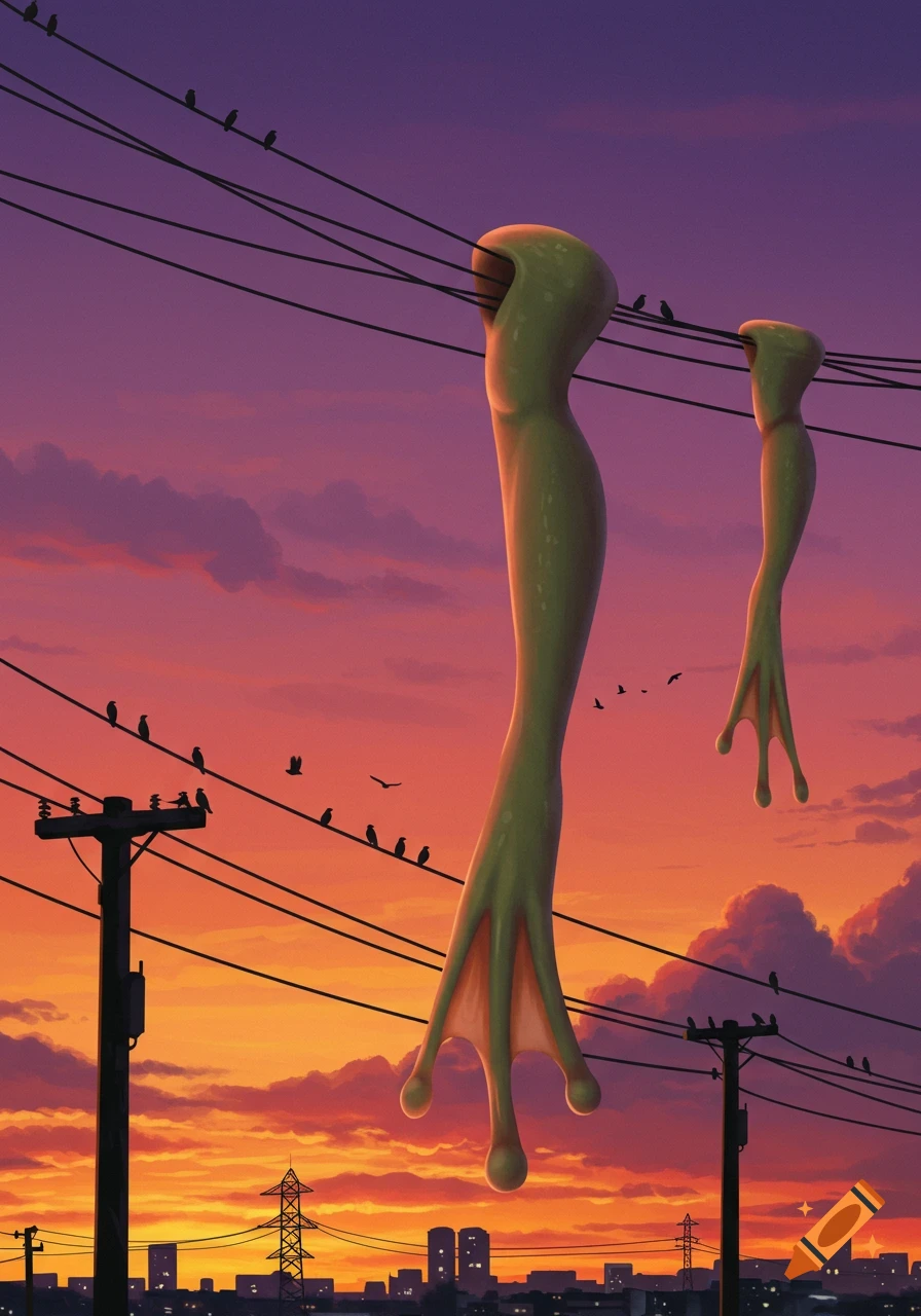 Giant green frog legs dangle from power lines over a city skyline at sunset, with birds perched on wires.