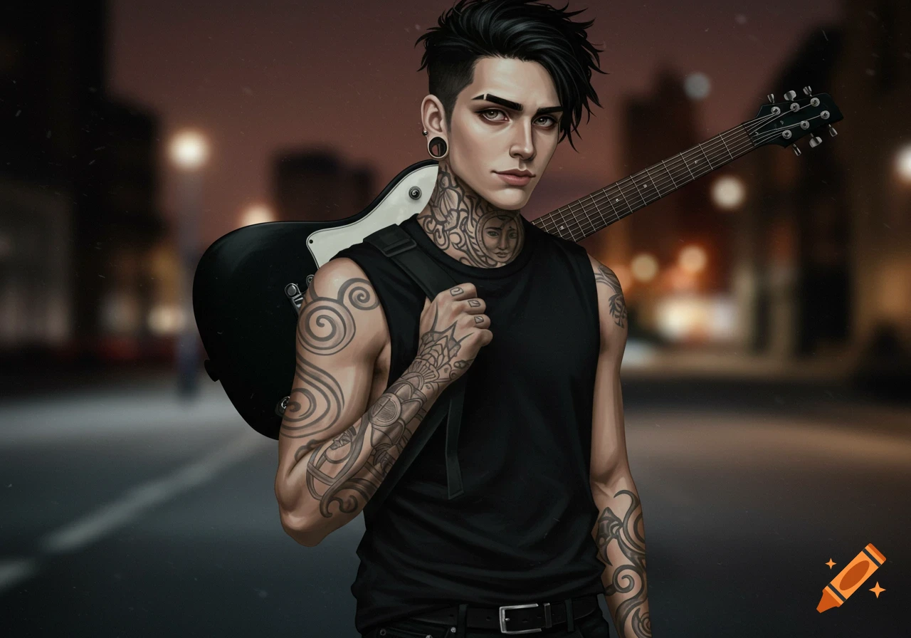 A stylized man with tattoos and dark hair, wearing a black sleeveless shirt, carries a black electric guitar on his shoulder on a street at dusk.