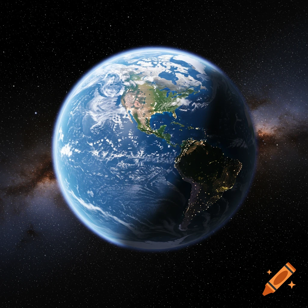 Planet Earth from space, with North and South America visible, half in sunlight and half with city lights at night, against a starry background.