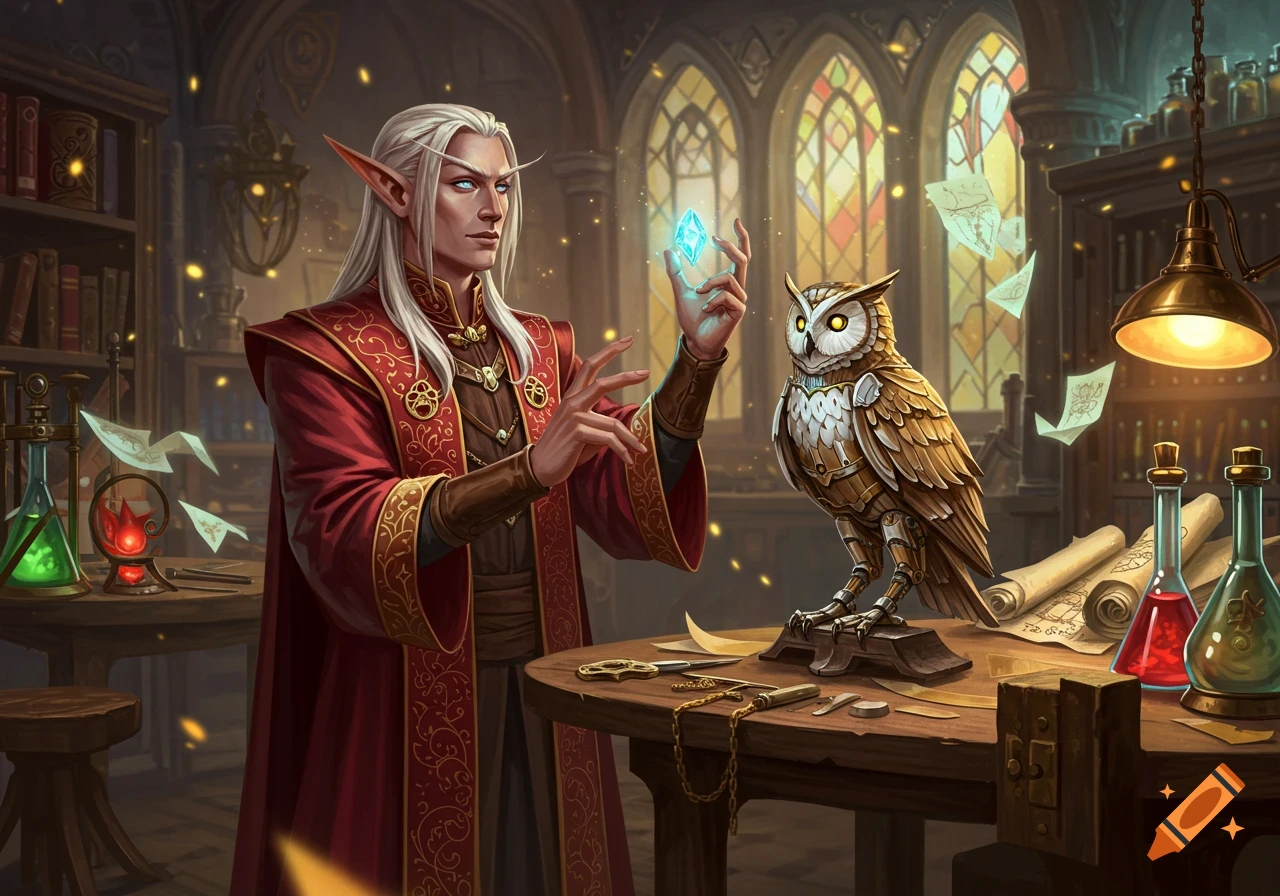 An elf artificer in a red robe holds a glowing crystal, looking at a steampunk-style owl in a magical study.
