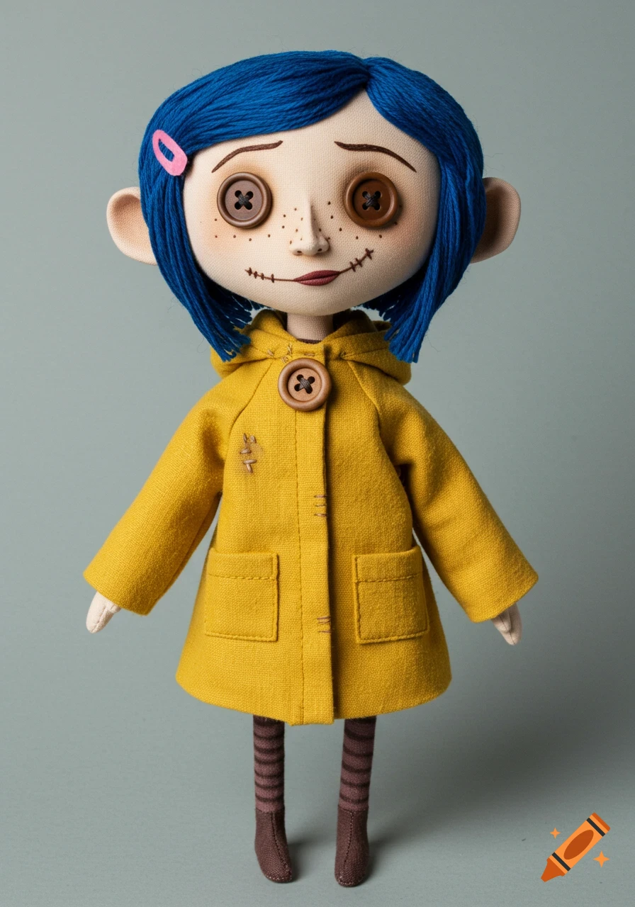 A full-body shot of a Coraline-style doll with blue hair, button eyes, wearing a yellow raincoat and striped leggings, against a gray background.
