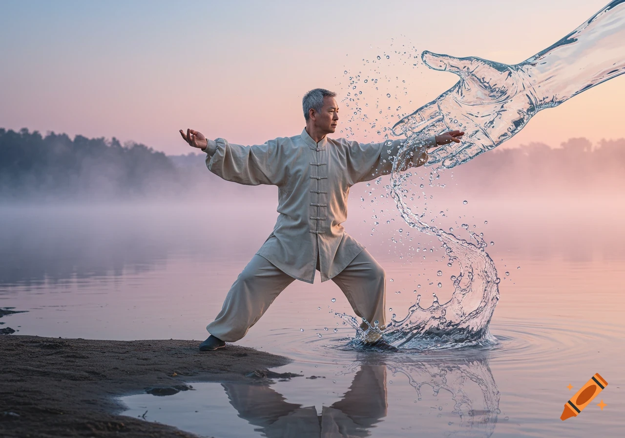 A man in traditional attire practices Tai Chi in a misty lake at dawn, a large water hand splashes against his own.