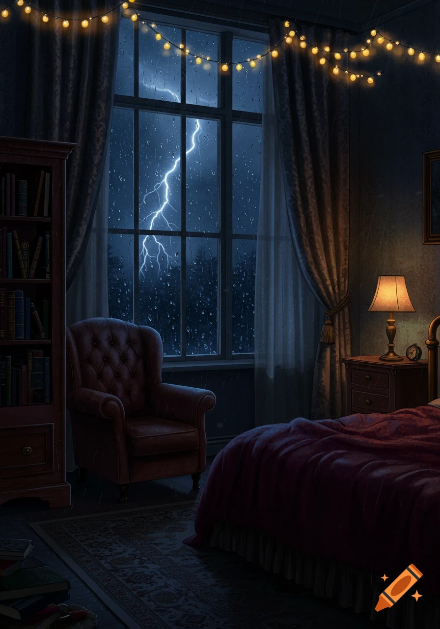 A cozy bedroom with string lights, a red armchair, a bookshelf, and a bed, overlooking a window with lightning during a rainy night.