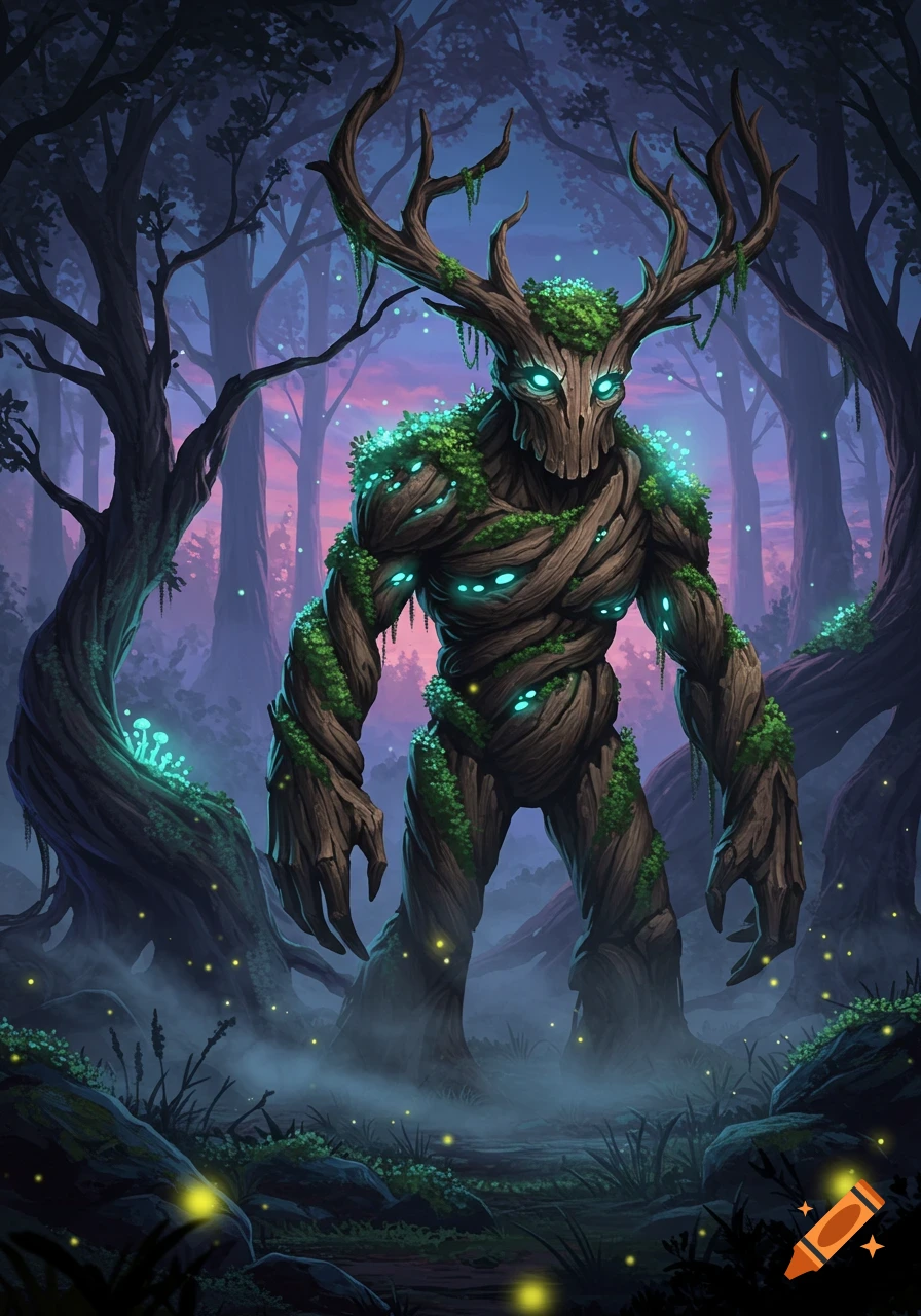 A towering, glowing tree creature with deer antlers stands in a mystical, foggy forest with glowing mushrooms and fireflies.