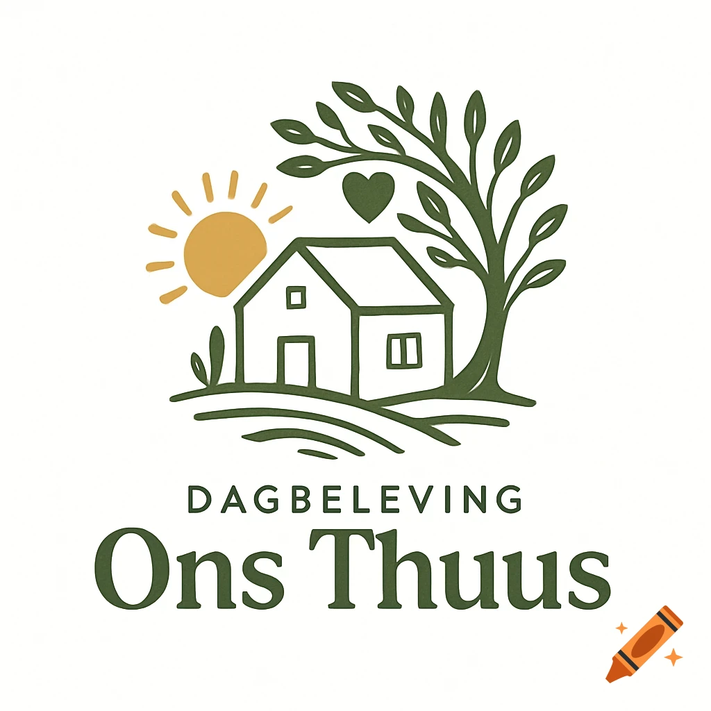 Green logo with a house, a sun, a tree with a heart, and the text 'DAGBELEVING Ons Thuus' below it.