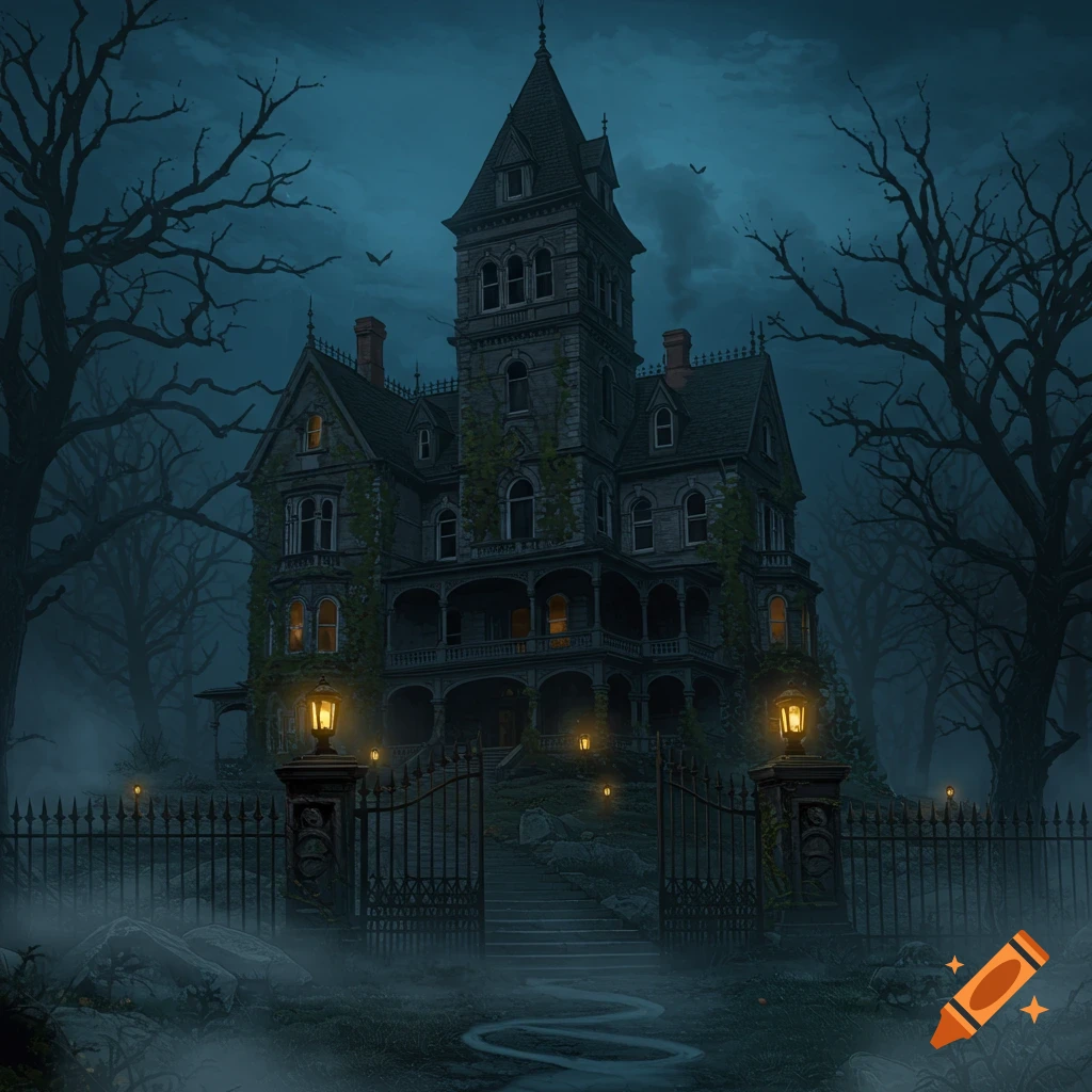 A dark, spooky gothic mansion with a tall tower, surrounded by bare trees and fog under a moonlit sky.