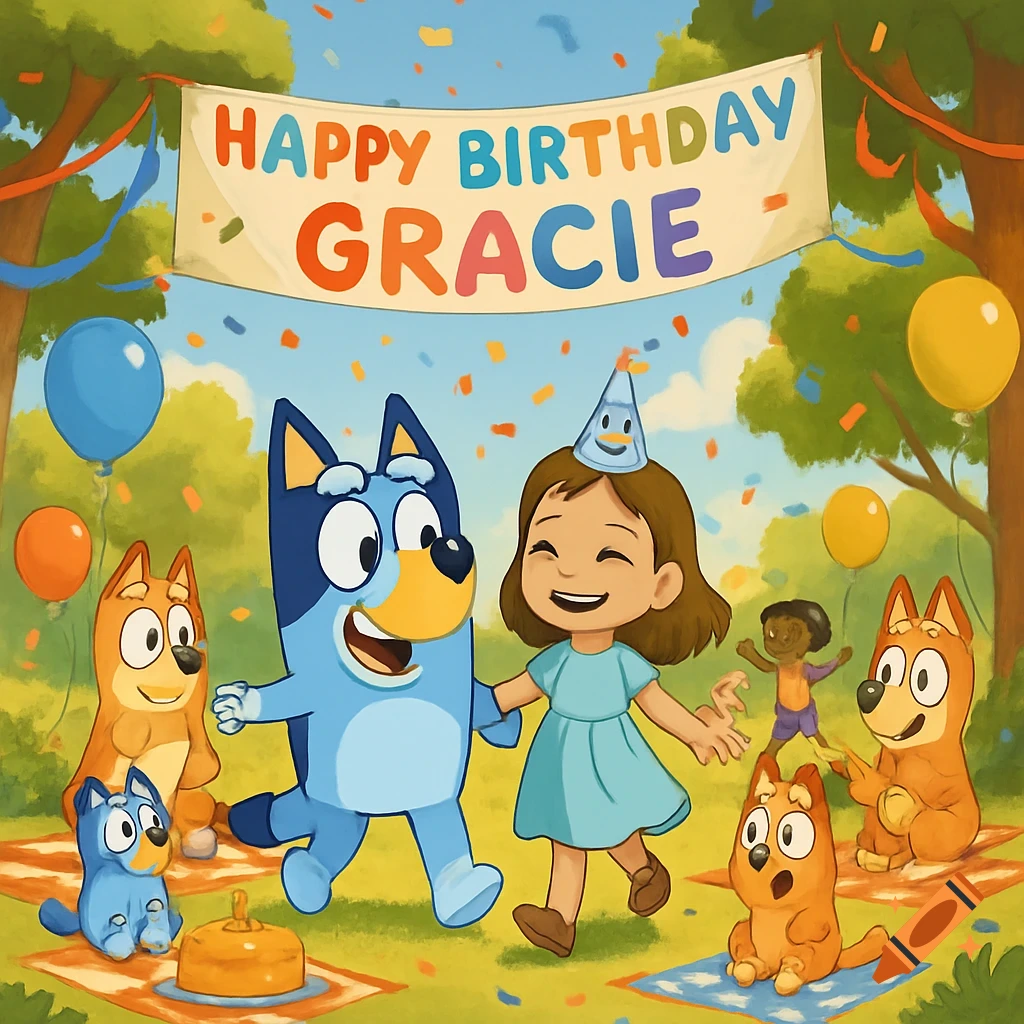 Bluey and friends celebrate a birthday with a girl named Gracie under a 'HAPPY BIRTHDAY GRACIE' banner and balloons in a vibrant cartoon style.