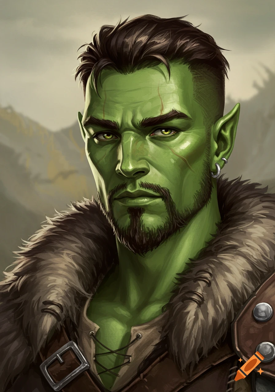 Close-up portrait of a green-skinned fantasy man with dark hair, pointy ears, a goatee, and an earring, wearing fur and leather clothing.