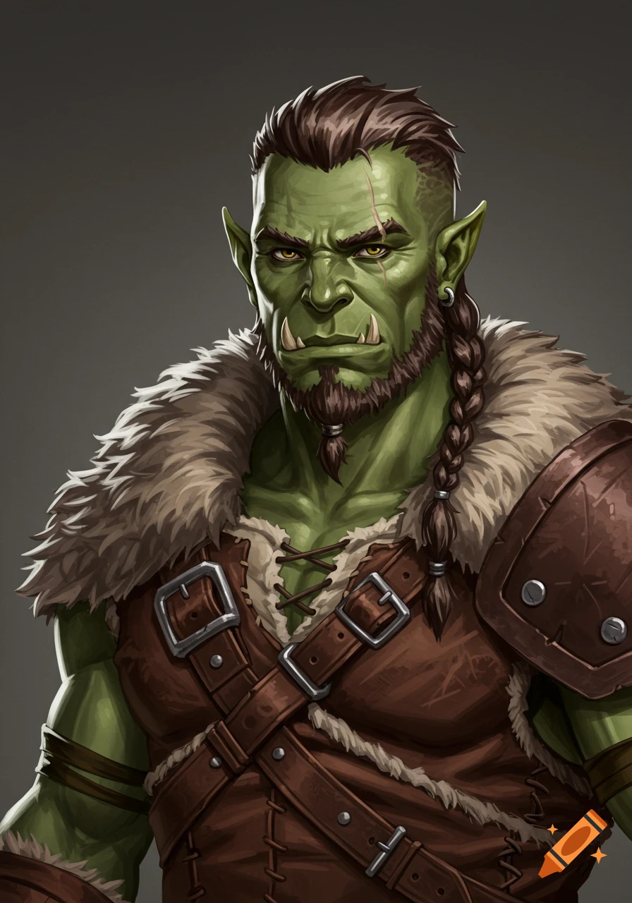 Illustration of a green-skinned half-orc man with a goatee, braided hair, an earring, scars, and tusks, wearing fur and leather armor.