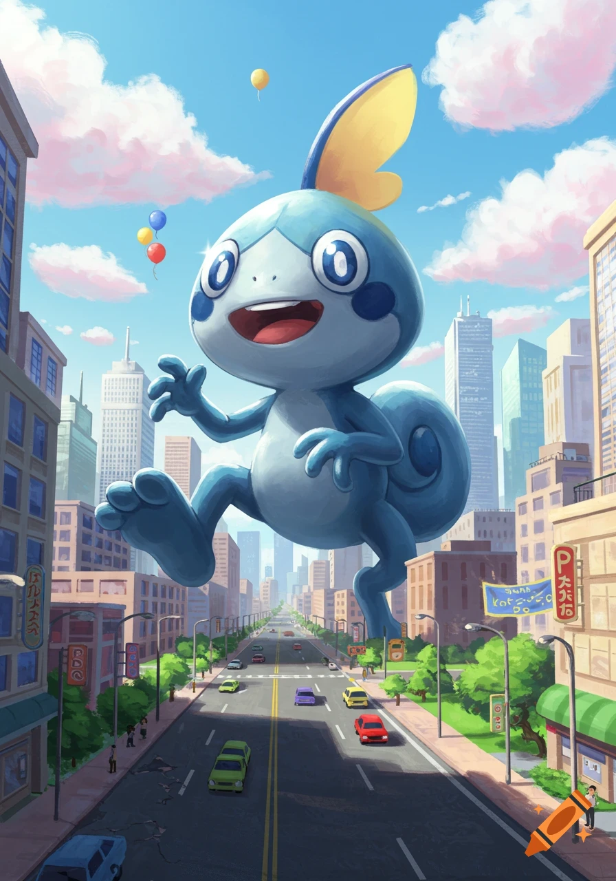 A giant, happy Sobble floats above a bustling city street with cars and buildings under a bright sky with pink clouds and balloons.