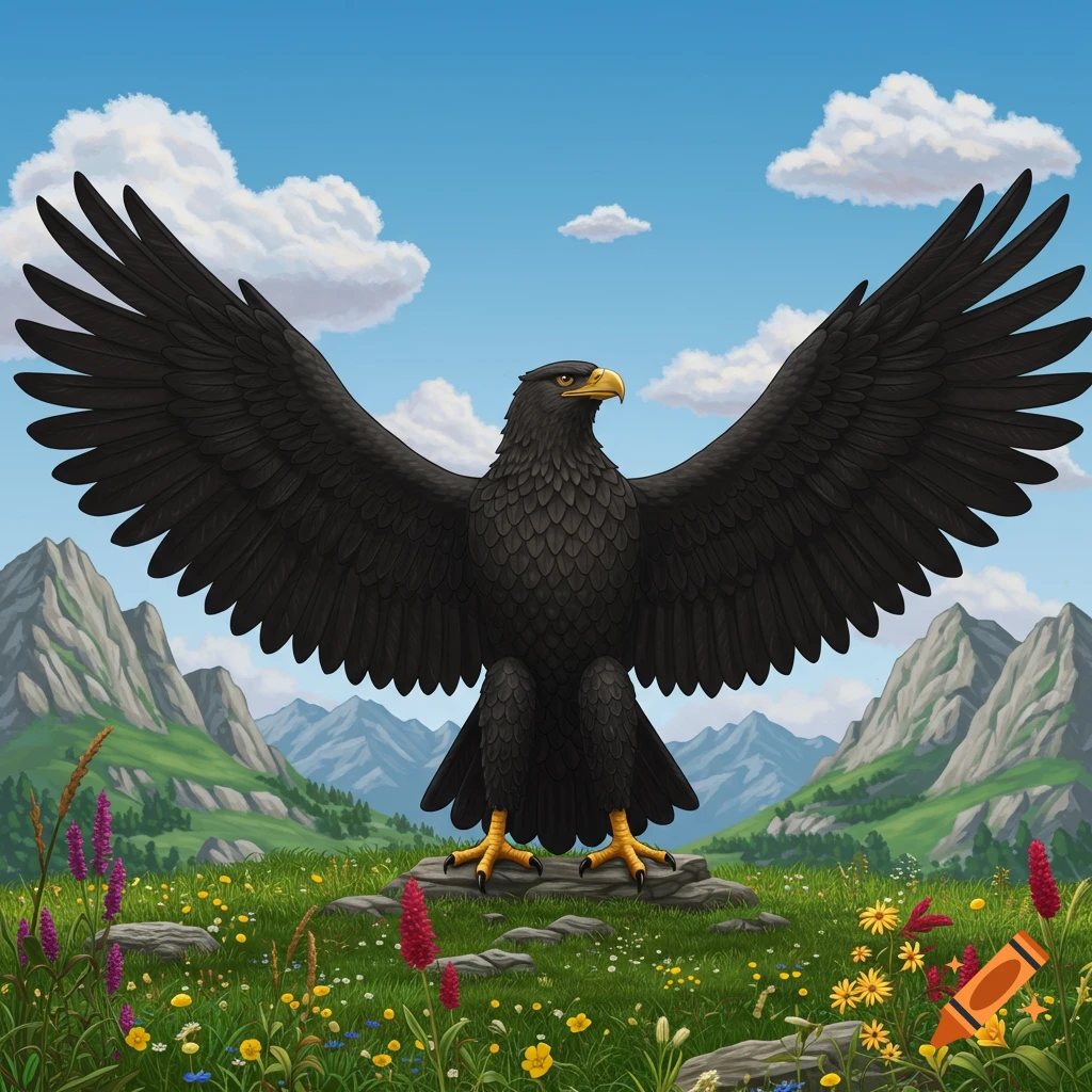 A majestic black eagle with outstretched wings stands on rocks in a vibrant flower-filled mountain meadow under a blue sky, in an illustrative style.