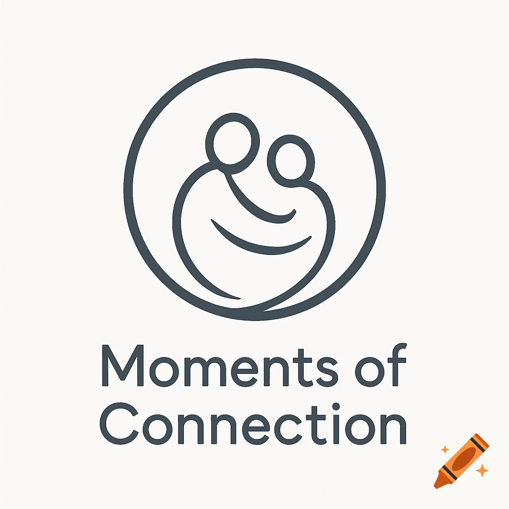 A minimalist logo featuring two abstract figures embracing within a circle, above the text 'Moments of Connection' in a modern font.